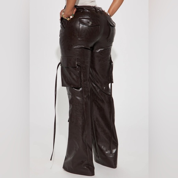 Fashion Nova Brown Leather Wide Leg Pants - Picture 3 of 6